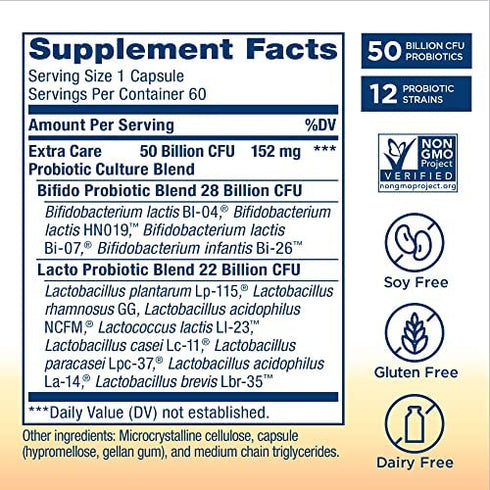 Renew Life Adult Probiotics, 50 Billion CFU Guaranteed, Probiotic Supplement for Digestive & Immune Health, Shelf Stable, Gluten Dairy & Soy Free, 60 Capsules