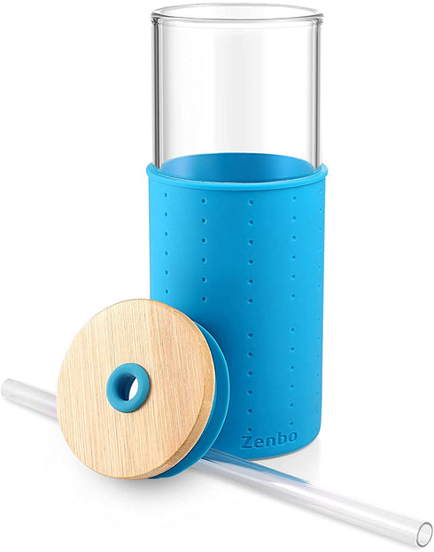 Zenbo Glass Tumbler 24 oz Iced Coffee Cup Smoothie Cups Reusable with straw And Bamboo Lid and Silicone Protective Sleeve