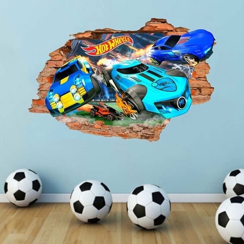 3D Wall Stickers Murals Wallpaper Hot Wheels Toy Car Removable Vinyl Space Wall Decals Removable PVC Art Nursery School