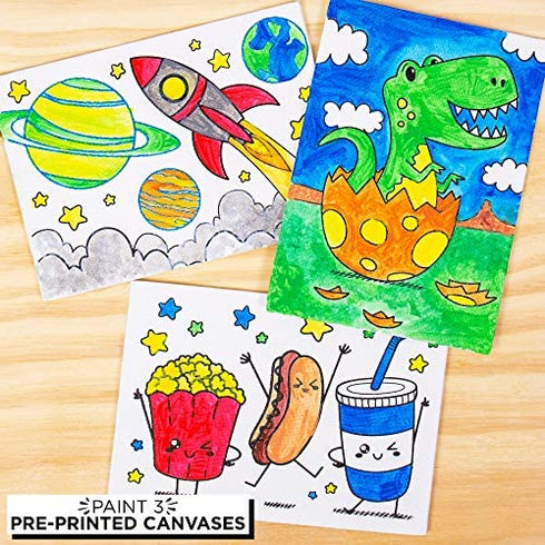 Horizon Group USA Pre-Printed Canvas & Paint Art Set. Ready to Paint 5" x 7" Canvas Panels, 12 Tempera Paints, 6 Easy-Grip Assorted Paintbrushes Included. Dino, Space & Food.