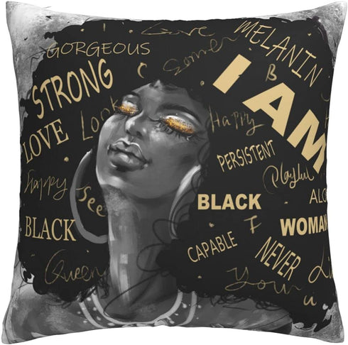 Inspirational Quotes Afro Black Art Pillow Covers Cases African American Pillows Decorative Throw Pillows Blcak and Gold Pillow Cases 18x18 in
