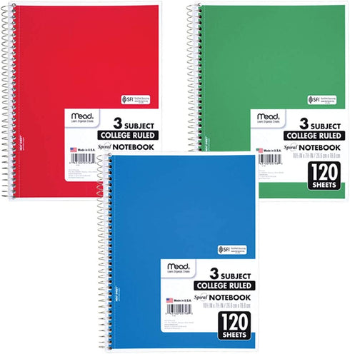 Mead Spiral Notebook, 3 Subject, College Ruled Paper(05748), 120 Sheets, 10-1/2" x 8", Assorted Color - 1 Count