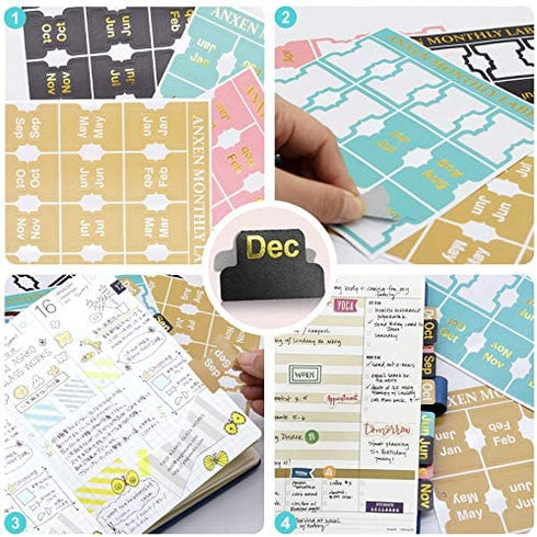 OWLKELA - 48 Pieces Self-Adhesive Month Stickers, Adhesive Tabs Designer Accessories Monthly Tabs Planner Stickers Decorative, Planner Tabs for Journal and Notebook