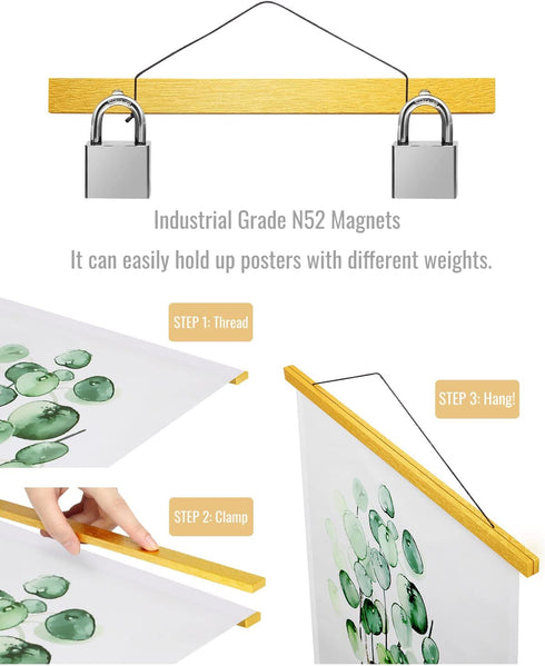 Magnetic Poster Hanger Frame 24 Inch Wide, Gold, Strong Magnet, Premium Wood and Quick Assembly, Wall Hanging Wooden Frame for Posters, Scroll, Picture, Print, 24x36 24x30 24x32