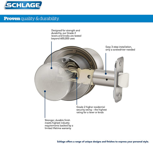Schlage F40 PLY 605 Plymouth Door Knob, Bed & Bath Privacy Lock, Bright Brass