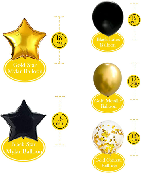 Black and Gold Party Decorations Kit, Gold Foil Fringe Curtain Backdrop, Black and Gold Star Mylar Balloons, Black and Gold Balloons Set for Birthday, Graduation Party Supplies