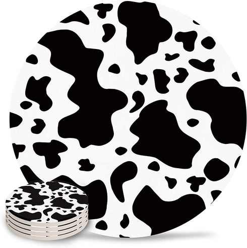 Set of 4 Coasters for Drinks, Absorbing Stone Cow Print Animal Themed Black and White Ceramic Round Coaster with Cork Base No Holder, for Housewarming Coffee Kitchen Room Bar Decor (4 Inch)