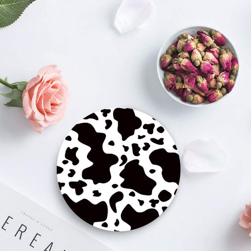 Set of 4 Coasters for Drinks, Absorbing Stone Cow Print Animal Themed Black and White Ceramic Round Coaster with Cork Base No Holder, for Housewarming Coffee Kitchen Room Bar Decor (4 Inch)