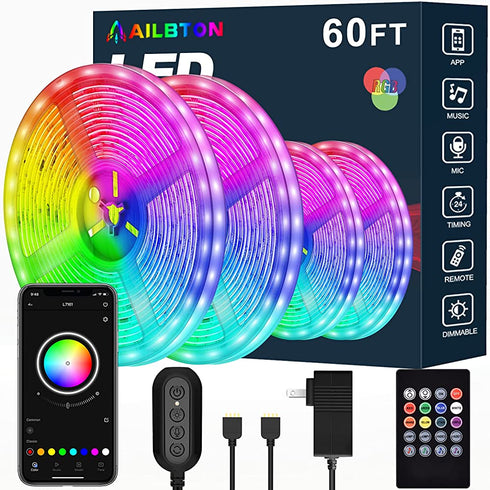 Led Strip Lights,60ft Led Light Strip Music Sync Color Changing RGB Led Strip Built-in Mic,Bluetooth App Control LED Tape Lights with Remote,5050 RGB Rope Light Strips