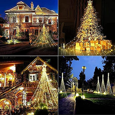 344 LED Star String Lights Fairy Christmas - Waterfall 13ft 3 x Large D Battery Operated Outdoor & Indoor Waterproof 8 Modes & Timer Remote for Christmas Tree Topper, Holiday Decorations (Warm White)