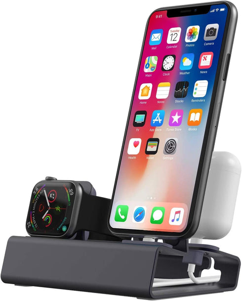 Charging Station for Apple Products,3 in 1 Aluminum Charging Stand for Apple Watch iPhone Airpods iWatch Series SE 8 7 6 5 4 3 2 1 Docking Station Holder Charger Stand with Nightstand Mode- Gray