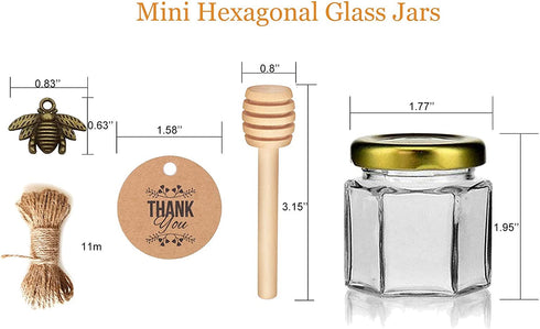 DnayDkiy 20-Count 1.5 oz Mini Hexagonal Glass Honey Jars - Small Honey Jars with Wooden Dippers, Bee Charms, Thank You Cards and Jutes - Honey Jars with Gold Lids for Baby Shower, wedding and Party Favors