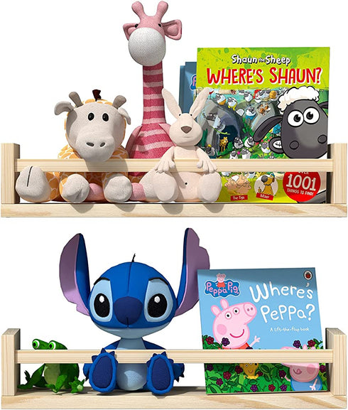 Classic Nursery Shelves, Set of 2 Natural Wood Floating Book Shelves for Kids Room, Wall Shelves for Bathroom Decor, Kitchen Spice Rack, Book Shelf Organizer for Baby Nursery Décor (16.5Lx4W)