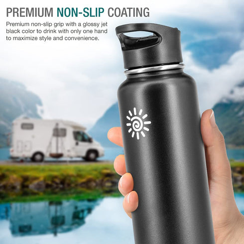 DIONE Water Bottle 40 oz. Flask Double Wall Stainless Steel & Vacuum Insulated (Black) Sport Hydro Container for Home, Office, School, Outdoor Camping (Standard Mouth / Leak Proof / BPA Free Cap)