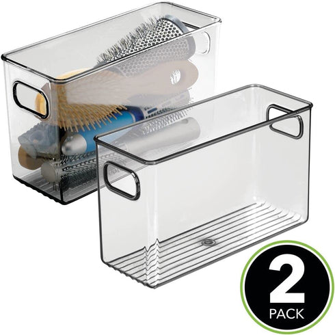 mDesign Plastic Storage Bin Container with Handles for Bathroom Vanity Countertop, Shelves, Cabinet and Under Sink Storage - Holds Hand Soap, Body Wash, Shampoo, Lotion - 10" Long, 2 Pack - Smoke Gray