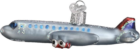 Old World Christmas 46065, Trains, Helicopters, Boats and Trucks Glass Blown Ornaments for Christmas Tree Passenger Plane, Glitter Gray