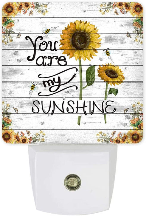 Plug-in Night Light Lamp with Sensor, Farm Sunflower You are My Sunshine Wall LED Nightlights Auto Dusk to Dawn Sensor for Bedroom,Baby Nursing,Kids Room,Hallway, Home Decorative Rustic Wood Plank