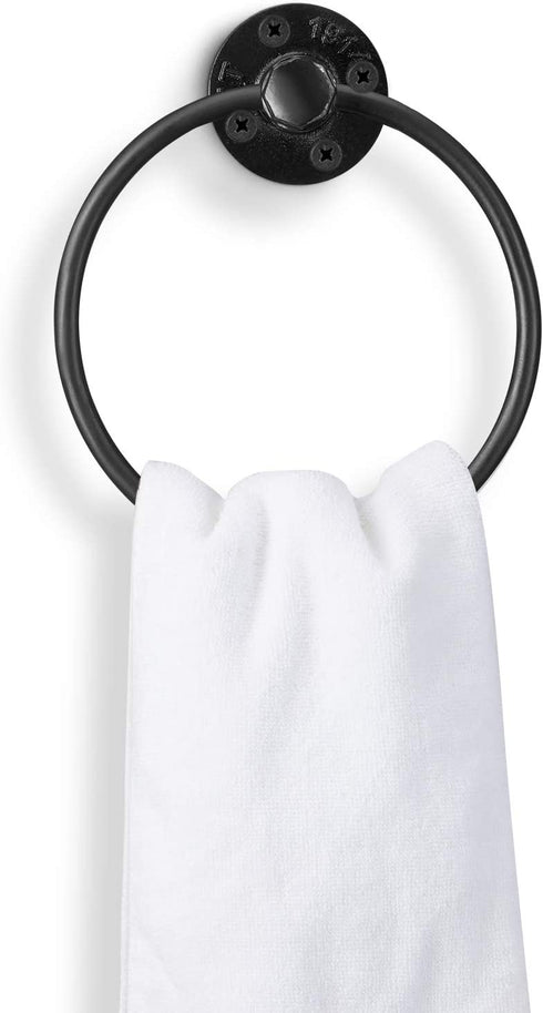 Licperron Industrial Towel Rings, Pipe Towel Rack Black Iron Pipe Towel Ring Holder for Bathroom, Black