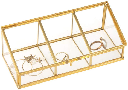 Feyarl Gold Glass Box Makeup Cosmetic Cotton Pads Box Jewelry Trinket Glass Box Flip Ring Earring Studding Necklace Box Clear Decorative Box Beauty Display