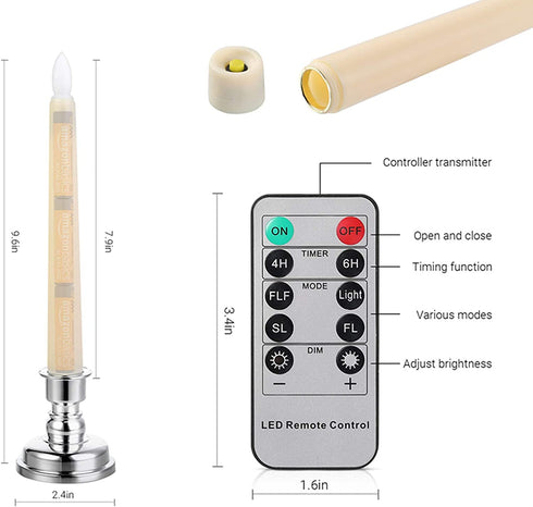 CXMYKE 6PACK 7.9" LED Taper Candles with Removable Silver Candle Holders - Battery Operated Flameless Window Candles with Remote Timer - Warm White Flicker Light - Perfect for Wedding/ Birthday Decor