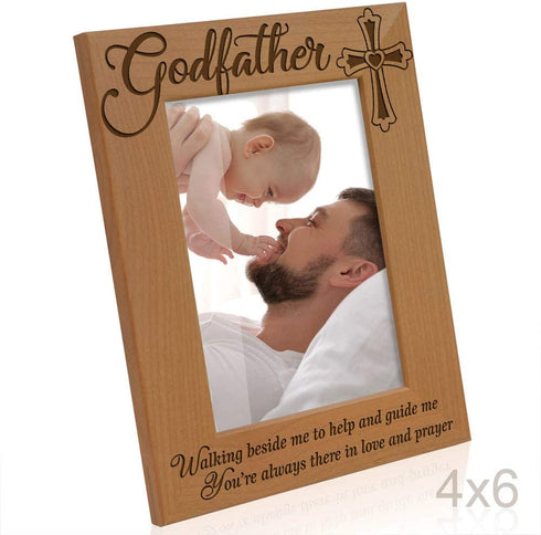 KATE POSH - Godfather Engraved Natural Wood Picture Frame, Cross Decor, Godfather Gift from Godchild, Baptism Gifts, Religious Catholic Gifts, Thank You Gifts (4" x 6" Vertical)