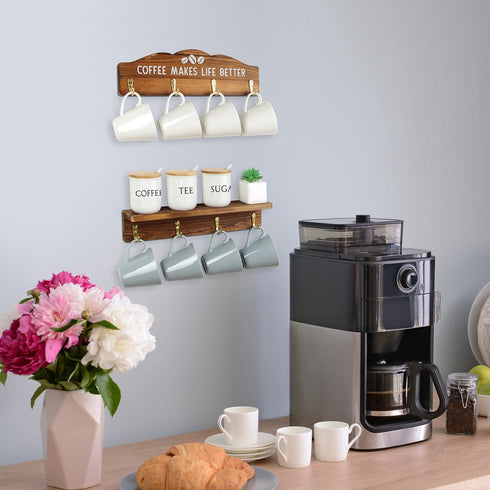 J JACKCUBE DESIGN Coffee Mug Rack, Wall Mounted Wooden 12 Coffee Cup Holder Organizer with Coffee Sign for Home Kitchen Cafe Decor - MK737A