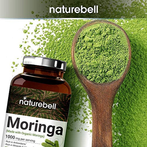Moringa Capsules (Made with Organic Moringa Powder), 1000mg Per Serving, 200 Counts, Strong Antioxidant to Repair, Protect, Nurture Your Skin Cells and Support Immune System, Non-GMO