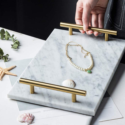 StonePlus Natural Real Marble Tray, Catchall Key Perfume Tray, Serving Tray with Handles for Living Dining Room (Venato Carrara, 11.8Lx7.87W)
