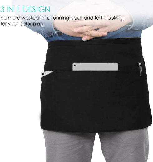 Syntus 6 Pack 3 Pockets 100% Cotton Waist 11.5-inch Long Kitchen Cooking Restaurant Bistro Craft Garden Half Aprons for Men, Women, Chef, Baker, Servers, Waitress, Waiter, Craftsmen, Black