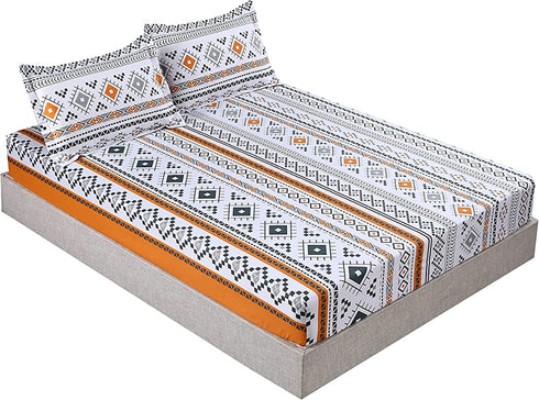 MAG Colorful Bohemian Bed Sheet Retro Orange Printed Microfiber Bedding Sheet Set with1 Fitted Sheet and 2 Pillow Shams , 12 Deep (Queen, Orange)