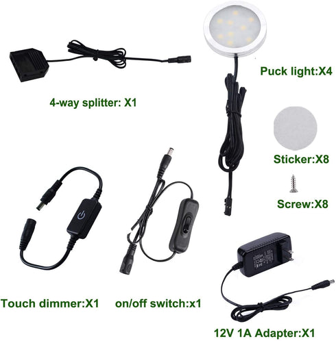 AIBOO Under Cabinet LED Puck Lights Kit with Touch Dimming Switch for Ambiance Atmosphere Night Lighting (4 Lights,Warm White)