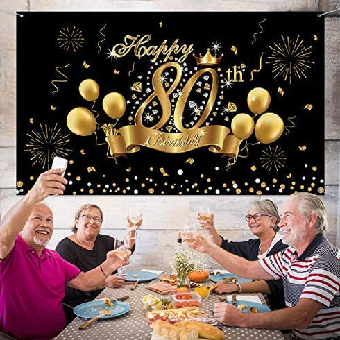 Happy 80th Birthday Decoration Banner Backdrop Party Decoration, Black Gold 80 Birthday Banner Sign Poster for 80th Anniversary Photo Booth Props Background Birthday Party Supplies, 72.8 x 43.3 Inch