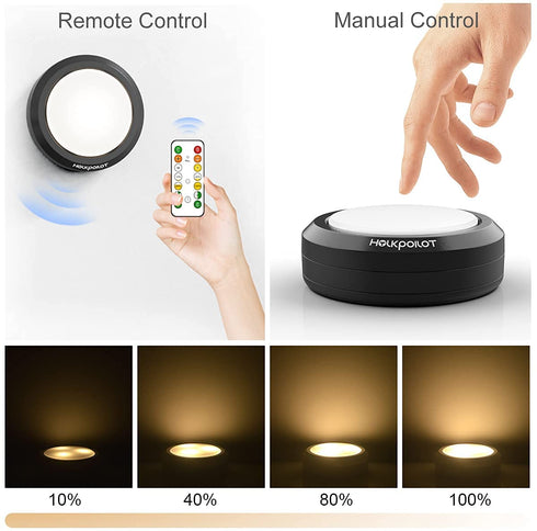 HOLKPOILOT Puck Lights with Remote Control, LED Under Cabinet Lights,Under Counter Light Battery Operated, Closet Light Dimmable,Wireless Under Cabinet Lighting, Stick On Lights(4PACK)