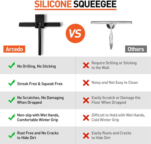 Arcedo Shower Squeegee for Shower Glass Door, 11 Inch Silicone Household Squeegee for Window, Tile, and Car Glass, All Purpose Bathroom Cleaning Tool, Includes Hook, Black