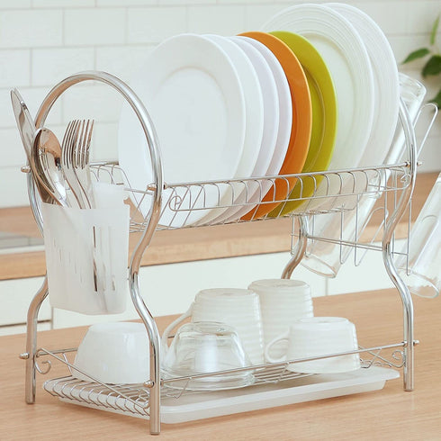 Dish Drying Rack, 2 Tier Dish Rack with Drain Board Kitchen Organizer, Chrome , ALHAKIN
