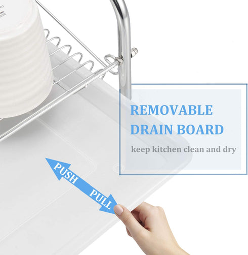 Dish Drying Rack, 2 Tier Dish Rack with Drain Board Kitchen Organizer, Chrome , ALHAKIN