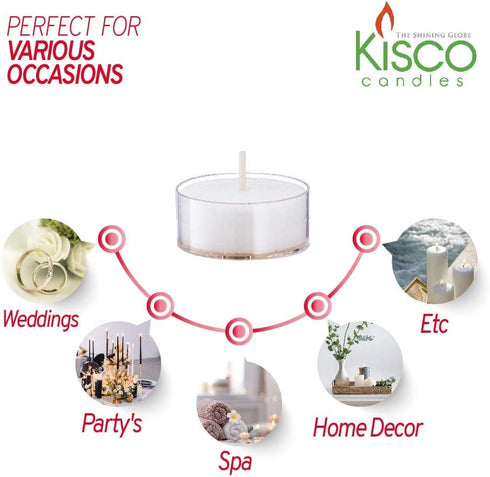 Kisco Genuine Tea Light Candles in Clear Holder Cups Bulk 75 Set. Long Burning 4.5 Hour Unscented, for Mood, Dinners, Parities, Home, Decoration, Wedding, Crafts