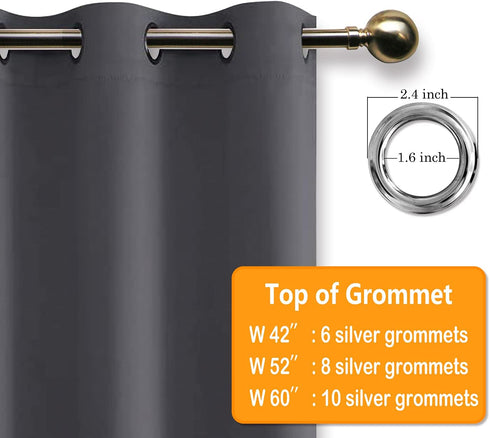Hiasan Grommet Blackout Curtains for Bedroom, 42 x 84 Inches Long - Thermal Insulated & Light Blocking Window Curtains for Living Room, 2 Drape Panels Sewn with Tiebacks, Dark Grey
