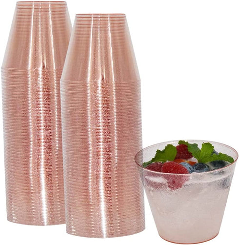 Homy Feel 9 Oz Rose Gold Glitter Plastic Cups 100PCS,Disposable Cocktail Cups,Plastic Wine ,Plastic Cups,Drink Cups for Wedding Party, Valentine's Day