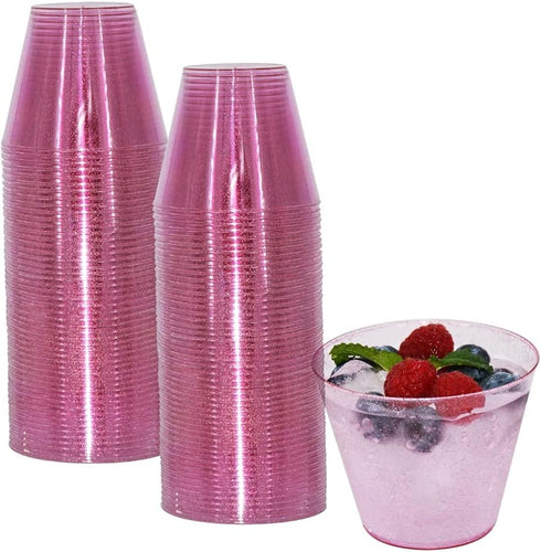 Homy Feel 9 Oz Pink Glitter Plastic Cups 100PCS,Disposable Cocktail Cups,Plastic Wine ,Plastic Cups,Drink Cups for Wedding Party, Valentine's Day