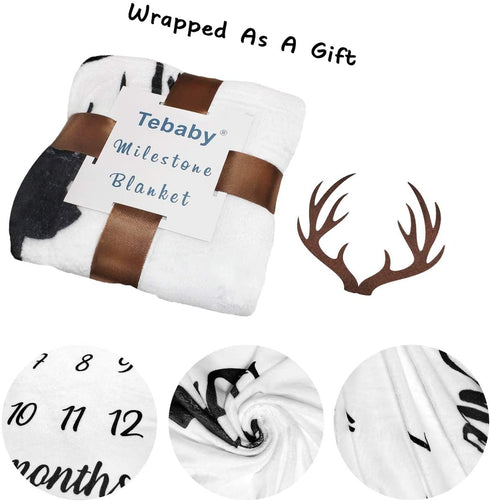 Baby Monthly Milestone Blanket Boy - Newborn Month Blanket Unisex Neutral Personalized Shower Gift Deer Antlers Nursery Decor Photography Background Prop with Frame Large 51''x40''