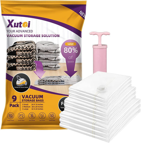 XUTAI Vacuum Storage Bags - 9 Packs Space Saver Bags Vacuum Storage Bags (3 Large, 3 Medium, 3 Small ) with Pump, 80% More Storage! Large Vacuum Sealer Bags for Clothes, Comforters, Blanket, Bedding