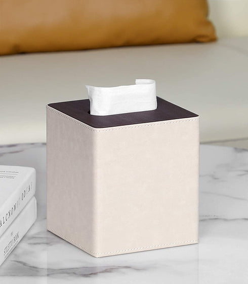 Tissue Box Cover Stylish PU Leather Square Tissue Box Holder with Magnetic Bottom for Bathroom Bedroom or Office (Beige/Brown)