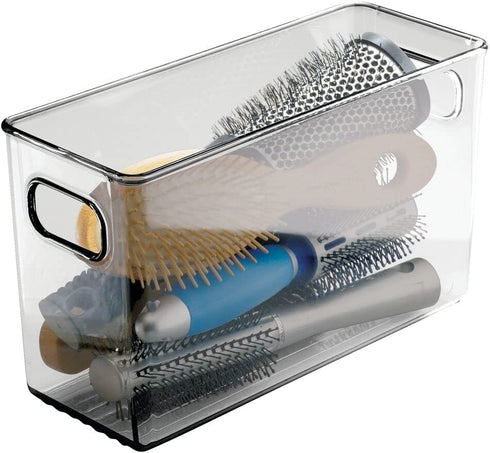 mDesign Plastic Storage Bin Container with Handles for Bathroom Vanity Countertop, Shelves, Cabinet and Under Sink Storage - Holds Hand Soap, Body Wash, Shampoo, Lotion - 10" Long, 2 Pack - Smoke Gray