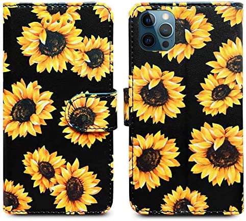 J.west Sunflower Wallet Case Compatible with iPhone 12 Pro Max 6.7", Yellow Vintage Floral Magnetic Leather Stand Wrist Strap 4 Card Holder ID Slots Pocket Flip Phone Case Cover for Women Girls