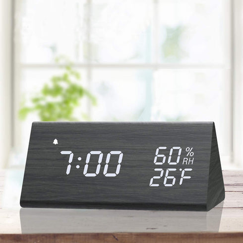 Digital Alarm Clock, with Wooden Electronic LED Time Display, 3 Alarm Settings, Humidity & Temperature Detect, Wood Made Electric Clocks for Bedroom, Bedside¦ (Black)