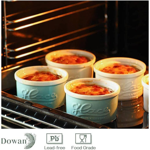 DOWAN 4 oz Ramekins - Ramekins for Creme Brulee Souffle, Porcelain Ramekins Oven Safe, Mason Style Embossed Ramekins Bowls Ramekins for Baking, Set of 6, Blue
