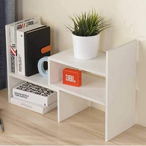 LC love_call Desk Bookshelves Multi-function Office Desktop Storage Rack, Telescopic Design Black and White used for Home Desktop Storage Wood Adjustable(white), (30-58)cm*35cm*17cm.