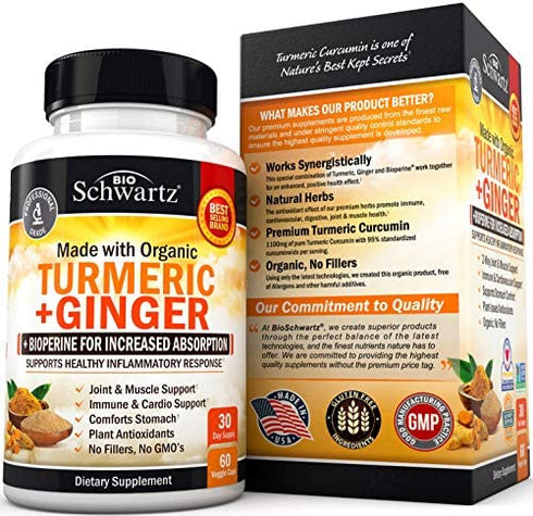 Organic Turmeric Curcumin and Ginger 95% Curcuminoids with BioPerine Black Pepper Extract for Ultra High Absorption and Potency - Natural Joint Support Supplement, Gluten-Free, Non-GMO, 60 Capsules