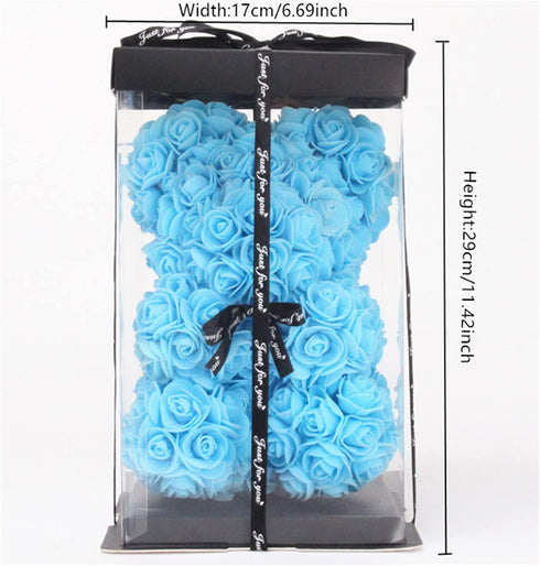 23cm Rose Bear in Box Artificial Rose Flower Bear, Gift for Valentines Day, Wedding, Mothers Day and Anniversary (RED)